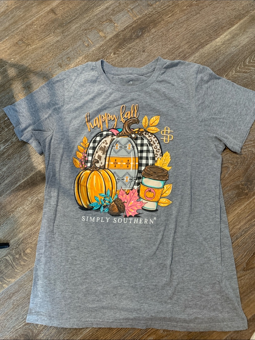 #136 Simply Southern Gray Heather 'Happy Fall' Pumpkin & Coffee Graphic Tee